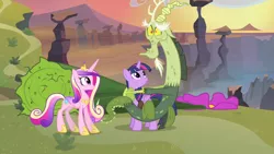 Size: 1280x720 | Tagged: safe, derpibooru import, screencap, discord, princess cadance, twilight sparkle, twilight sparkle (alicorn), alicorn, draconequus, pony, three's a crowd, badlands, female, flower, giant flower, green flu, mare, sick, trio