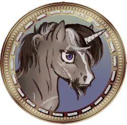 Size: 675x664 | Tagged: safe, artist:saby, derpibooru import, oc, oc:sevendre, unofficial characters only, pony, unicorn, beard, blaze (coat marking), bust, character token, dun, facial hair, facial markings, game token, male, scar, scarred, scruffy, serious, serious face, solo, stallion, token