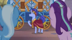 Size: 1136x640 | Tagged: safe, derpibooru import, screencap, hoo'far, starlight glimmer, trixie, pony, saddle arabian, unicorn, road to friendship, female, hoo'far's wagon, male, mare, stallion, wagon