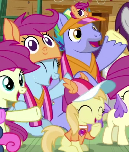 Size: 427x505 | Tagged: safe, derpibooru import, screencap, alula, bon bon, bow hothoof, noi, sweetie drops, windy whistles, earth pony, pony, the washouts (episode), clubhouse, cropped, crusaders clubhouse, cute, female, filly, implied scootaloo, male, mare, rainbow dash's parents, stallion, windybetes