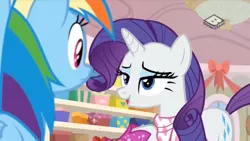 Size: 1066x600 | Tagged: safe, derpibooru import, screencap, rainbow dash, rarity, pegasus, pony, unicorn, the end in friend, bandana, boomerang (tv channel), boots, boxes, clothes, duo, female, glitter boots, mare, neckerchief, open mouth, ribbon, shoes, shopping, store, youtube link