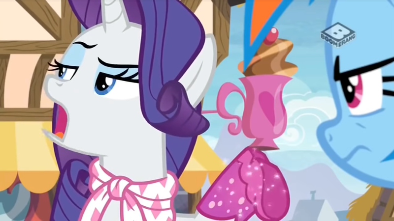 Size: 1064x598 | Tagged: safe, derpibooru import, screencap, rainbow dash, rarity, pony, unicorn, the end in friend, bandana, boomerang (tv channel), boots, cafe, clothes, female, glitter boots, mare, neckerchief, outdoors, rainbow dash is not amused, rarity is not amused, shoes, unamused