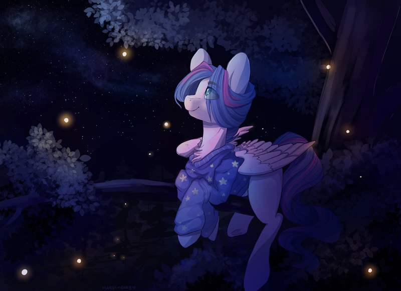 Size: 2200x1600 | Tagged: safe, artist:skylacuna, derpibooru import, oc, oc:star carmon, unofficial characters only, firefly (insect), insect, pegasus, pony, clothes, commission, crossed hooves, hoodie, lights, looking up, male, night, smiling, solo, stallion, stars, tree, tree branch