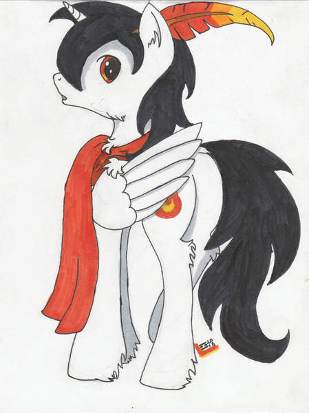 Size: 1280x1712 | Tagged: safe, artist:☲, derpibooru import, oc, oc:ember storm, unofficial characters only, alicorn, pony, alicorn oc, chest fluff, clothes, dock, ear fluff, feather, horn, looking back, male, scarf, simple background, solo, traditional art, unshorn fetlocks, white background, wings