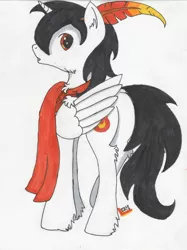 Size: 1280x1712 | Tagged: safe, artist:☲, derpibooru import, oc, oc:ember storm, unofficial characters only, alicorn, pony, alicorn oc, chest fluff, clothes, dock, ear fluff, feather, horn, looking back, male, scarf, simple background, solo, traditional art, unshorn fetlocks, white background, wings