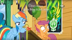 Size: 1674x934 | Tagged: safe, derpibooru import, screencap, rainbow dash, scootaloo, pegasus, pony, the washouts (episode), caught, clubhouse, crusaders clubhouse, duo, female, filly, foal, mare, poster