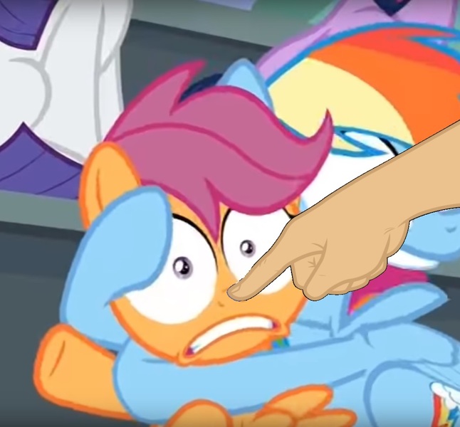 Size: 1005x933 | Tagged: safe, derpibooru import, edit, edited screencap, screencap, rainbow dash, scootaloo, pony, the washouts (episode), boop, boop edit, faic, female, finger, hand, non-consensual booping