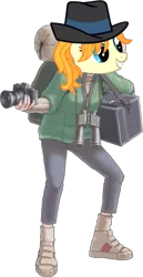 Size: 657x1273 | Tagged: ace attorney, binoculars, boots, camera, derpibooru import, edit, hat, human, lotta hart, press pass, press release (character), safe, shoes, simple background, solo, transparent background