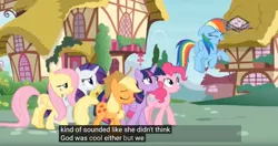 Size: 1280x674 | Tagged: alicorn, applejack, boomerang (tv channel), caption, cool, derpibooru import, edit, edited screencap, fluttershy, god, house, houses, implied scootaloo, mane six, meme, pinkie pie, ponyville, rainbow dash, rarity, safe, screencap, the washouts (episode), twilight sparkle, twilight sparkle (alicorn), youtube caption