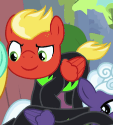 Size: 344x382 | Tagged: safe, derpibooru import, screencap, lightning dust, rolling thunder, short fuse, pegasus, pony, the washouts (episode), animated, clothes, cropped, female, gif, male, mare, massage, smiling, solo focus, stallion, the washouts, uniform, washouts uniform, wings