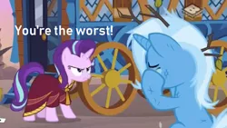 Size: 1171x659 | Tagged: safe, derpibooru import, edit, edited screencap, screencap, starlight glimmer, trixie, pony, unicorn, road to friendship, abuse, boomerang (tv channel), clothes, crying, duo, female, hoo'far's wagon, mare, messy mane, robe, sad, trixiebuse