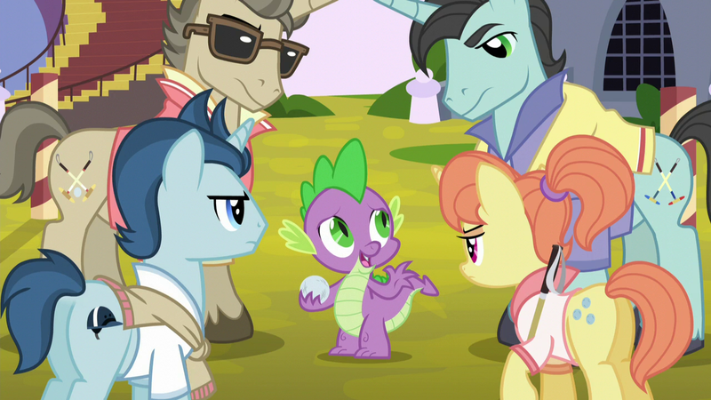 Size: 1280x720 | Tagged: safe, derpibooru import, screencap, dee six, neckshot, polo play, spike, steeplechase, dragon, pony, unicorn, princess spike (episode), background pony, female, las pegasus resident, male, mare, polo, sports, stallion