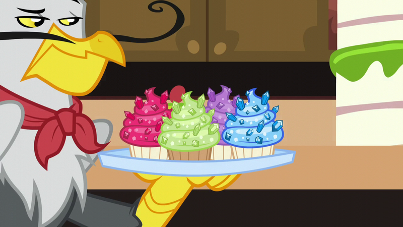 Size: 1280x720 | Tagged: safe, derpibooru import, screencap, gustave le grande, gryphon, princess spike (episode), cupcake, facial hair, food, male, moustache, sapphire, sapphire cupcake