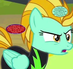 Size: 756x720 | Tagged: safe, derpibooru import, edit, edited screencap, screencap, lightning dust, pegasus, pony, the washouts (episode), arrested, clothes, cropped, female, implied oc, implied police officer, implied scootaloo, mare, miranda rights, open mouth, speech bubble, text, uniform, washouts uniform