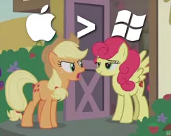 Size: 777x617 | Tagged: safe, derpibooru import, edit, edited screencap, screencap, applejack, strawberry sunrise, earth pony, pegasus, pony, honest apple, apple (company), argument, caption, cropped, duo, female, image macro, mare, meme, microsoft, opinion, pun, text, visual pun, windows