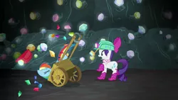 Size: 1280x720 | Tagged: safe, derpibooru import, screencap, rainbow dash, rarity, pony, the end in friend, boomerang (tv channel), boots, cart, clothes, duo, female, gem, gem cave, glitter boots, hat, helmet, mare, mining helmet, open mouth, raised hoof, shoes, wagon