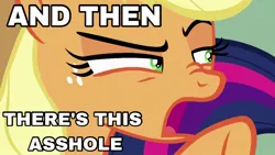 Size: 1280x720 | Tagged: safe, derpibooru import, edit, edited screencap, screencap, applejack, twilight sparkle, pony, the washouts (episode), and then there's this asshole, caption, female, image macro, juxtaposition bait, mare, meme, text, vulgar