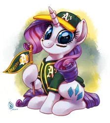 Size: 1829x2048 | Tagged: safe, alternate version, artist:whitediamonds, derpibooru import, rarity, pony, unicorn, baseball, baseball cap, button-up shirt, cap, clothes, cute, eye black (makeup), eyeshadow, face paint, female, flag, hat, hoof hold, looking at you, makeup, mare, mlb, oakland athletics, raribetes, shirt, sitting, smiling, solo, sports