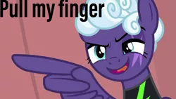 Size: 999x562 | Tagged: safe, derpibooru import, edit, edited screencap, screencap, rolling thunder, pegasus, pony, the washouts (episode), clothes, eye scar, fart joke, female, mare, meme, pointing, pull my finger, scar, text, uniform, washouts uniform, wing hands, wings