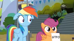 Size: 1271x711 | Tagged: safe, derpibooru import, edit, edited screencap, screencap, rainbow dash, scootaloo, pegasus, pony, the washouts (episode), boomerang (tv channel), duo, female, filly, foal, gtfo, mare, vulgar