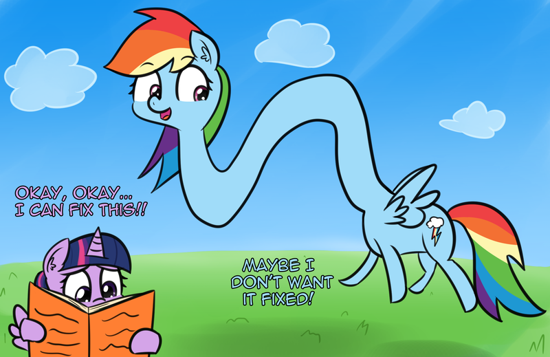 Size: 2093x1358 | Tagged: safe, artist:artiks, derpibooru import, rainbow dash, twilight sparkle, twilight sparkle (alicorn), alicorn, pegasus, are you frustrated?, atg 2018, book, cloud, concerned, dialogue, duo, duo female, female, happy, image, impossibly long neck, long neck, looking back, meme, necc, newbie artist training grounds, png, rainbow girrash, simple background, what has science done