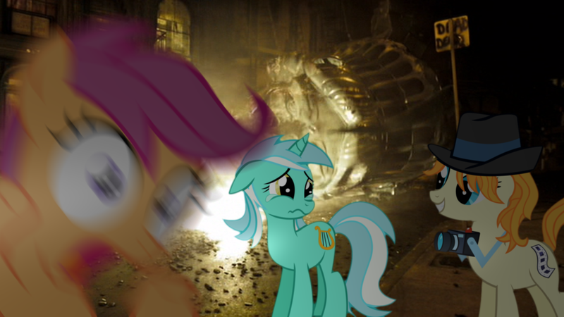 Size: 1920x1080 | Tagged: camera, cloverfield, crying, derpibooru import, earth, hat, lyra heartstrings, motion blur, new york, new york city, press pass, press release (character), pure unfiltered evil, safe, scootaloo, statue of liberty, united states