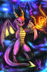 Size: 3000x4571 | Tagged: artist:darksly, bloodstone scepter, derpibooru import, dragon, dragoness, female, lightning, rain, safe, scales (character), solo, the hearth's warming club