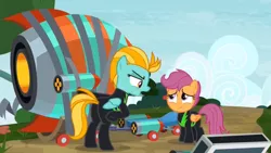 Size: 1366x768 | Tagged: safe, derpibooru import, screencap, lightning dust, scootaloo, pegasus, pony, the washouts (episode), clothes, duo, duo female, female, filly, foal, mare, pint-sized dynamite, rocket, spandex, uniform, washouts uniform