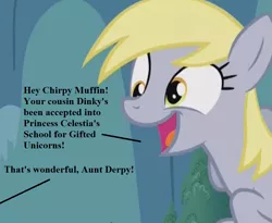 Size: 891x729 | Tagged: cropped, cute, derpabetes, derpibooru import, derpy hooves, dinky hooves, edit, edited screencap, equestria's best mother, happy, implied chirpy, implied dinky, safe, screencap, slice of life (episode), text