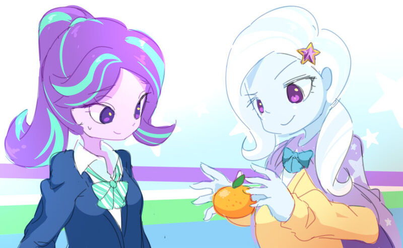 Size: 871x537 | Tagged: safe, artist:七目読, derpibooru import, starlight glimmer, trixie, equestria girls, bowtie, clothes, female, food, orange