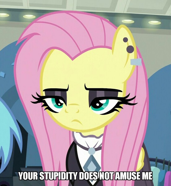 Size: 849x923 | Tagged: safe, derpibooru import, edit, edited screencap, screencap, fluttershy, pegasus, pony, fake it 'til you make it, 4chan, amused, clothes, ear piercing, earring, emo, eyeshadow, female, fluttergoth, fluttershy is not amused, gauges, goth, jewelry, lashes, lights, makeup, mare, necklace, not amused face, piercing, store, stupid people, stupidity, suit, unamused, yellow