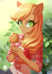 Size: 905x1280 | Tagged: safe, artist:glorious-rarien, derpibooru import, applejack, anthro, earth pony, caramel apple (food), clothes, female, freckles, front knot midriff, hair ribbon, image, looking at you, midriff, plaid shirt, png, rolled up sleeves, shirt, solo