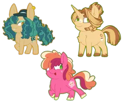 Size: 923x758 | Tagged: safe, artist:missmele-madness, derpibooru import, oc, oc:cuppa joe, oc:frenzied beats, oc:peachy keen, unofficial characters only, earth pony, pony, unicorn, pandoraverse, blaze (coat marking), chibi, ear piercing, earring, female, hair over one eye, hat, jewelry, male, mare, next generation, offspring, parent:big macintosh, parent:cheerilee, parent:cinnamon chai, parent:coloratura, parent:donut joe, parent:hayseed turnip truck, parent:sapphire shores, parents:cheerimac, parents:cinnamon donut, parents:hayseedshores, piercing, simple background, sperm donation, stallion, transparent background