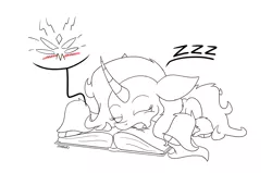 Size: 1450x925 | Tagged: safe, artist:azimuth, derpibooru import, fhtng th§ ¿nsp§kbl, oleander (tfh), them's fightin' herds, blush sticker, blushing, book, community related, fred, lineart, onomatopoeia, sleeping, solo, sound effects, zzz