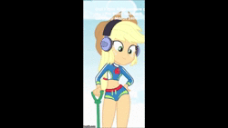 Size: 1280x720 | Tagged: safe, derpibooru import, edit, edited screencap, screencap, applejack, equestria girls, equestria girls series, lost and found, adorasexy, animated, applejack's hat, bikini, clothes, cowboy hat, cute, diana ross, female, geode of super strength, hat, hips, jackabetes, letterboxing, magical geodes, music, sexy, solo, sound, stetson, swimsuit, thigh gap, thighs, webm