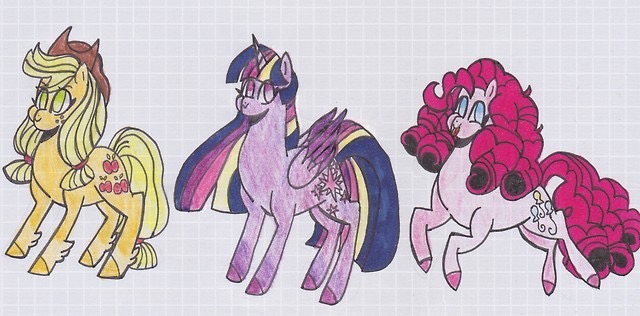 Size: 640x316 | Tagged: safe, artist:draw1709, derpibooru import, applejack, pinkie pie, twilight sparkle, twilight sparkle (alicorn), alicorn, pony, simple background, traditional art, white background