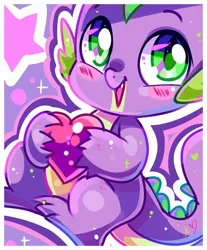 Size: 600x726 | Tagged: safe, artist:ipun, derpibooru import, spike, dragon, :>, baby, baby dragon, blushing, cute, fangs, green eyes, heart, holding, looking at you, male, signature, smiling, solo, spikabetes