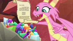 Size: 1280x720 | Tagged: buttplug, cute, derpibooru import, dragon, dragoness, edit, edited screencap, eyes closed, female, gem, implied blowjob, implied oral, implied sex, implied spikelestia, implied spiluna, open mouth, princess celestia, princess luna, princess molestia, scales (character), screencap, scroll, sex toy, spike, suggestive, text, the hearth's warming club