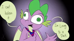 Size: 1280x720 | Tagged: aladdin, artist:emositecc, derpibooru import, dialogue, dragon, genie, movie reference, necktie, reaction image, reference, rodney dangerfield, safe, solo, spike, winged spike