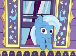 Size: 1606x1190 | Tagged: safe, artist:kirr12, derpibooru import, trixie, pony, unicorn, cute, female, looking at you, mare, smiling, solo, trixie's wagon, vector, window