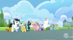 Size: 1413x793 | Tagged: safe, derpibooru import, screencap, bulk biceps, cloudchaser, lightning dust, meadow flower, mercury, rainbow dash, roid rage, starry eyes (character), sunshower raindrops, thunderlane, pegasus, pony, wonderbolts academy, background pony, female, luggage, male, mare, stallion, suitcase