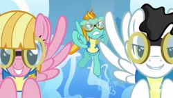 Size: 1411x793 | Tagged: safe, derpibooru import, screencap, lightning dust, meadow flower, mercury, starry eyes (character), pegasus, pony, wonderbolts academy, clothes, goggles, uniform, wonderbolt trainee uniform, y u no