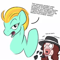 Size: 1500x1500 | Tagged: safe, artist:marik azemus34, derpibooru import, lightning dust, pegasus, pony, the washouts (episode), acne, annoyed, drama, fedora, fedora shaming, hat, hypocrisy, hypocrite, irony, lightning dust drama, nothing to see here, shitposting, speech bubble, text