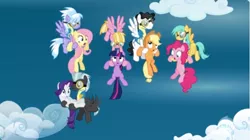 Size: 1417x793 | Tagged: safe, derpibooru import, applejack, cloudchaser, fluttershy, meadow flower, mercury, pinkie pie, rarity, starry eyes (character), sunshower raindrops, thunderlane, twilight sparkle, earth pony, pegasus, pony, unicorn, wonderbolts academy, clothes, cloud, female, flying, goggles, male, mare, rescue, sky, stallion, unicorn twilight, uniform, wonderbolt trainee uniform