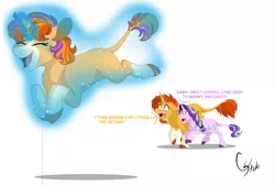 Size: 1024x693 | Tagged: safe, artist:colourstrike, derpibooru import, starlight glimmer, sunburst, oc, oc:dawn, classical unicorn, pony, unicorn, baby, baby pony, blaze (coat marking), chase, cloven hooves, colored hooves, dialogue, female, filly, leonine tail, levitation, magic, male, offspring, parent:starlight glimmer, parent:sunburst, parenting, parents:starburst, self-levitation, shipping, simple background, socks (coat marking), starburst, straight, telekinesis, unshorn fetlocks, white background, worried, you had one job