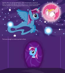 Size: 4096x4608 | Tagged: safe, artist:parclytaxel, derpibooru import, pinkie pie, oc, oc:parcly taxel, alicorn, earth pony, genie, genie pony, pony, ain't never had friends like us, albumin flask, .svg available, absurd resolution, alicorn oc, ask, comic, dream orbs, dream realm, dream walker, dreamscape, female, floating, glowing eyes, horn, horn ring, mare, one eye closed, portal, ring, tumblr, vector, wings, wink