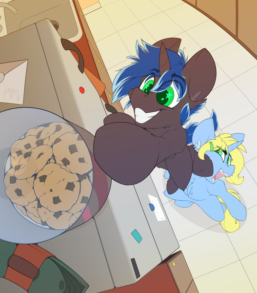 Size: 2420x2754 | Tagged: safe, artist:ralek, derpibooru import, oc, oc:art's desire, oc:lock down, unofficial characters only, pony, unicorn, cash, cookie, cookie jar, cookie thief, cute, explicit source, facehoof, female, filly, fisheye lens, foal, food, happy, kitchen, letter, magnet, male, mare, money, ocbetes, perspective, refrigerator, smiling, stallion, tile, wingding eyes