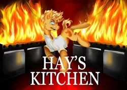 Size: 4960x3507 | Tagged: safe, artist:dankpegasista, derpibooru import, gourmand ramsay, ponified, pony, unicorn, blonde hair, carpet, chef, cook, dangerous, fire, gordon ramsay, hell's kitchen, kitchen, male, oven, poster, red carpet, solo, stallion, stove