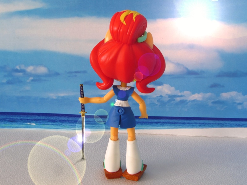Size: 1600x1200 | Tagged: safe, artist:whatthehell!?, derpibooru import, sunset shimmer, equestria girls, beach, clothes, doll, equestria girls minis, eqventures of the minis, irl, japanese, katana, merchandise, ocean, photo, sand, sandals, shoes, skirt, socks, sun, sunset sushi, sword, toy, weapon