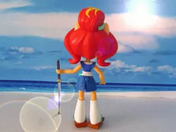Size: 1600x1200 | Tagged: safe, artist:whatthehell!?, derpibooru import, sunset shimmer, equestria girls, beach, clothes, doll, equestria girls minis, eqventures of the minis, irl, japanese, katana, merchandise, ocean, photo, sand, sandals, shoes, skirt, socks, sun, sunset sushi, sword, toy, weapon